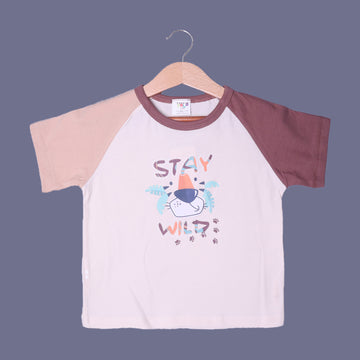 BROWN & CREAM SLEEVES STAY WILD PRINTED HALF SLEEVES T-SHIRT